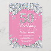 50. Geburtstag Einladung Rosa und Silver Diamond (Vorne/Hinten)