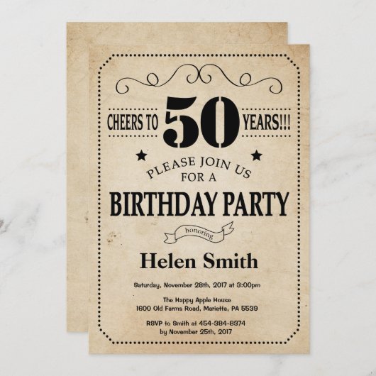 50. Geburtstag Einladung Rustikales Vintages Retro (Vorne/Hinten)