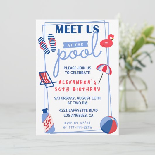 50. Geburtstag Einladungen Pool Party Sommer (Stehend Vorderseite)