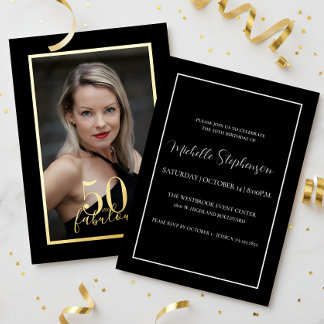 50. Geburtstag Elegant Foto Schwarz Gold Folieneinladung