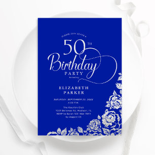 50. Geburtstag Elegant Royal Blue Silver Rose Einladung