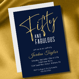 50. Geburtstag Elegant Script Navy und Gold Einladung
