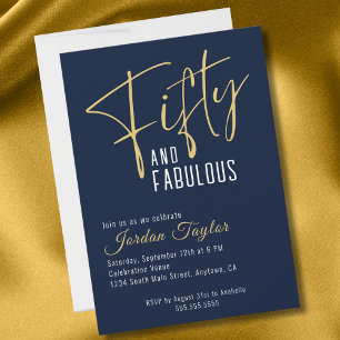50. Geburtstag Elegant Script Navy und Gold Einladung