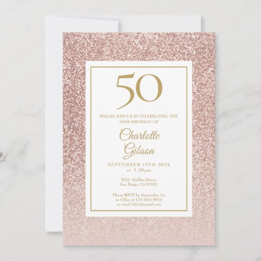 50. Geburtstag Elegante Rose Gold Glitzer Einladung (Vorderseite)