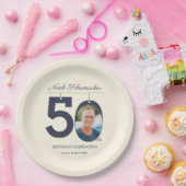 50. Geburtstag Elegantes Beige Vintages Foto Pappteller (Party)
