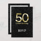 50. Geburtstag, elegantes Black Gold Glam RSVP Karte (Vorne/Hinten)