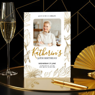 50. Geburtstag Elegantes Goldenes Blumenfoto Einladung