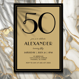 50. Geburtstag Erwachsenen Schwarz und Gold Modern Einladung
