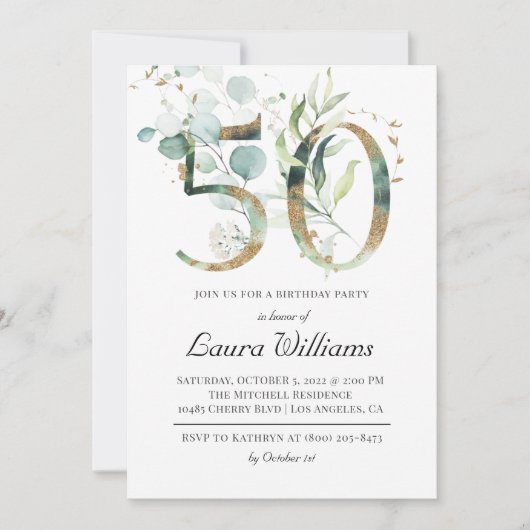 50. Geburtstag Eukalyptus Grüne Einladung (Vorderseite)