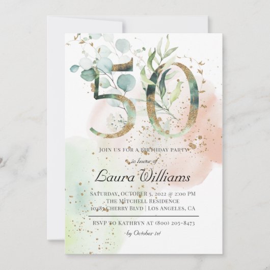 50. Geburtstag Eukalyptus Grüne Einladung (Vorderseite)