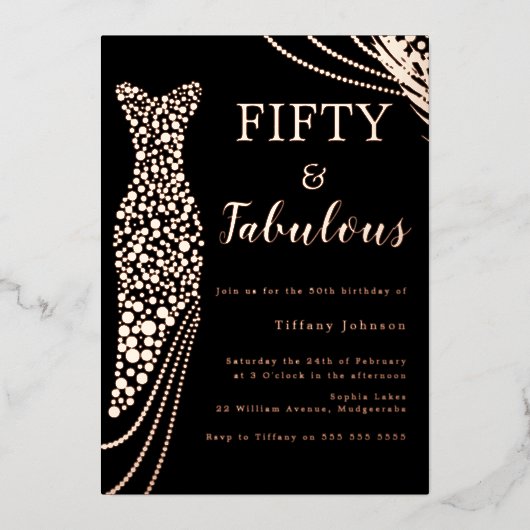 50. Geburtstag, fabelhafte Rose Gold Dress 50. Folieneinladung (Vorderseite)