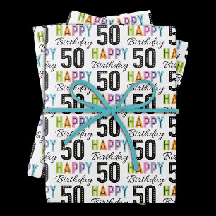 50. Geburtstag farbenfrohe Typografie Umschlagpapi Geschenkpapier Set