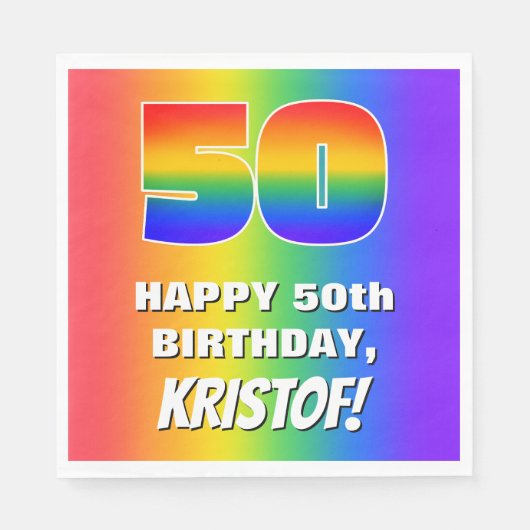 50. Geburtstag: Farbiges, lustiges Regenbogenmuste Serviette (Vorderseite)