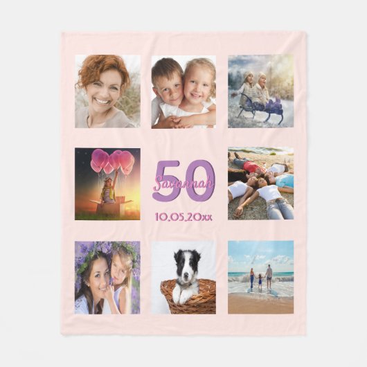 50. Geburtstag Foto Collage Rose Gold Rosa Fleecedecke (Vorderseite)
