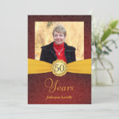50. Geburtstag Foto Einladungen - Rot und Gold (Stehend Vorderseite)