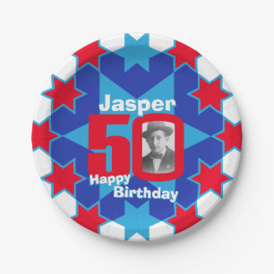 50. Geburtstag Foto Name blaue Sternenpapierplatte Pappteller