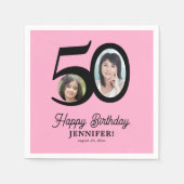 50. Geburtstag Foto Name pink schwarz personalisie Serviette (Vorderseite)