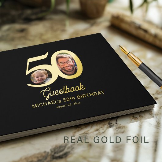 50. Geburtstag Foto Name schwarz Gold Gästebuch