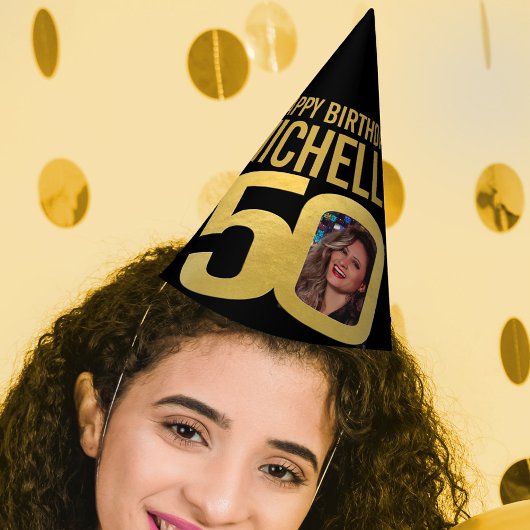 50. Geburtstag Foto personalisiertes Gold schwarz Partyhütchen