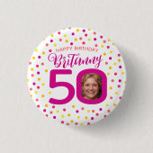 50. Geburtstag Foto rosa goldgelbe Konfetti Button (Vorderseite)