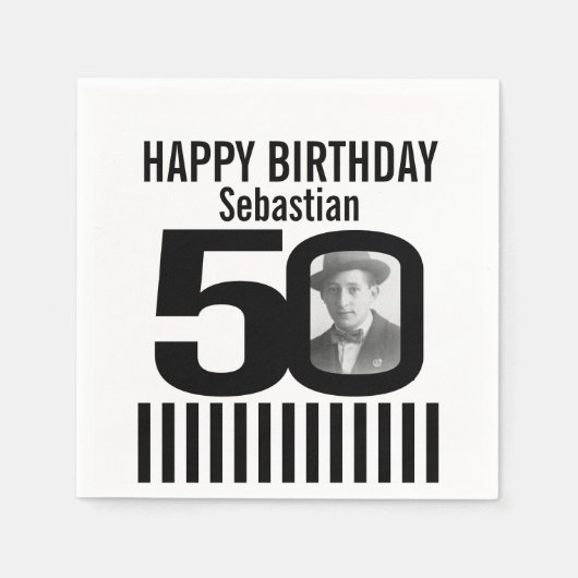 50. Geburtstag Foto schwarz Streifen Foto Serviett Serviette (Vorderseite)