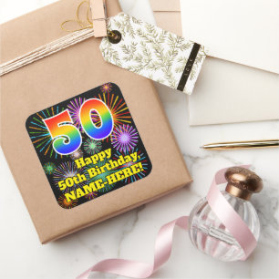 50. Geburtstag: Fun Fireworks Look, Rainbow # 50 Quadratischer Aufkleber