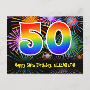50. Geburtstag - Fun Fireworks Pattern + Rainbow 5 Postkarte
