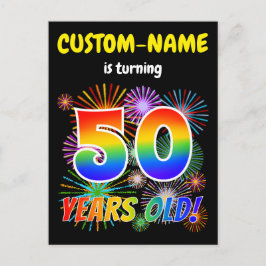 50. Geburtstag - Fun Fireworks, Regenbogen Look "5 Postkarte