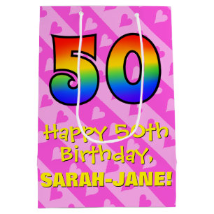 50. Geburtstag: Fun Pink Hearts Streifen; Regenbog Mittlere Geschenktüte