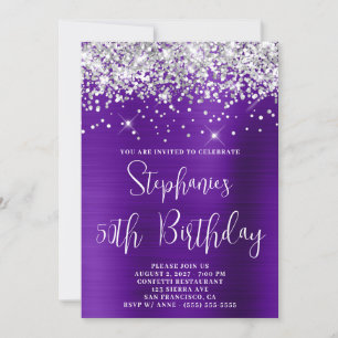 50. Geburtstag Funkelnde Silber Glitter Lila Satin Einladung