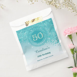 50. Geburtstag   Funkelndes Türkisblau Gold Glitte Geschenktütchen