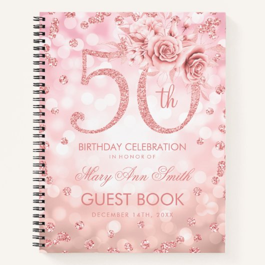 50. Geburtstag Gästebuch Rose Gold Glam Lights Notizblock (Vorderseite)