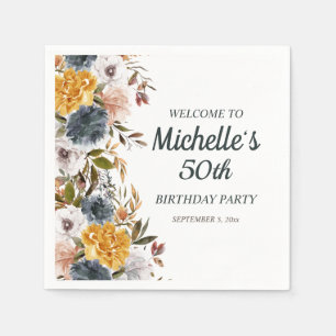 50. Geburtstag Gelb Navy Blau Floral Willkommen Serviette