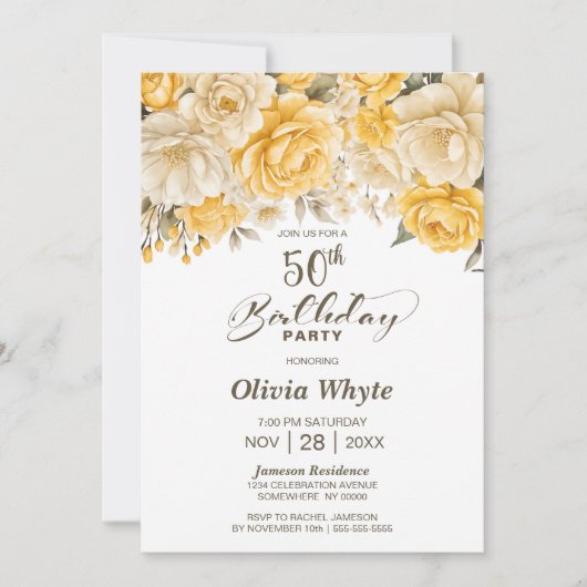 50. Geburtstag Gelbes Rosenblumengebirge Party Einladung (Vorderseite)