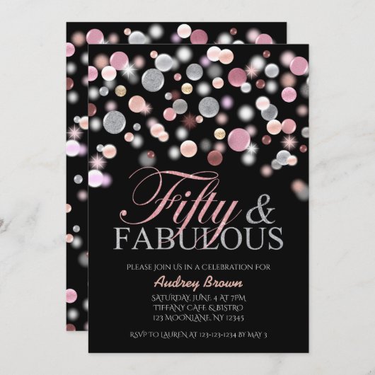 50. Geburtstag, glänzende Glitzer 50. Einladung (Vorne/Hinten)