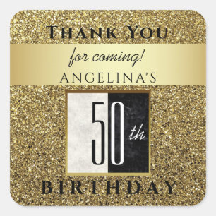 50. Geburtstag Glitter Gold Schwarz & Weiß Danke Quadratischer Aufkleber