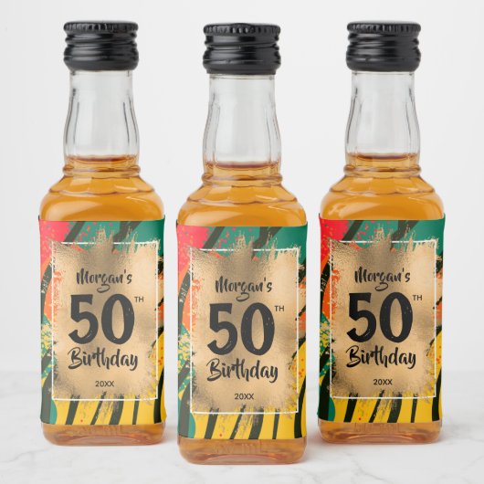 50. Geburtstag Gold auf Zebra Print Mini Alkoholflaschenetikett (Flaschen)
