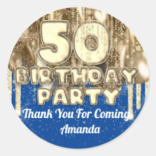 50. Geburtstag Gold BALLONS Danke für blau Runder Aufkleber