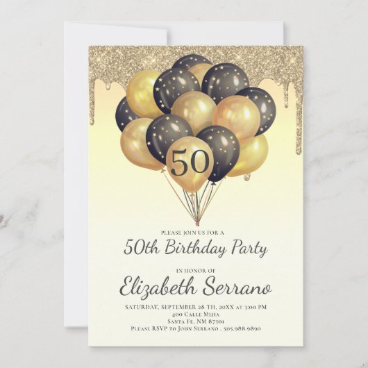 50. Geburtstag Gold Black Balloons Glitzer Tropfen Einladung (Vorderseite)