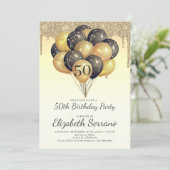 50. Geburtstag Gold Black Balloons Glitzer Tropfen Einladung (Stehend Vorderseite)