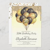 50. Geburtstag Gold Black Balloons Glitzer Tropfen Einladung (Vorne/Hinten)