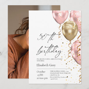 50. Geburtstag Gold Blush Pink Ballons Modern Einladung