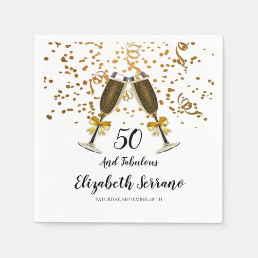 50. Geburtstag Gold Confetti Champagner Brille Serviette (Vorderseite)