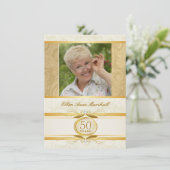 50. Geburtstag - Gold Damask Foto Einladung (Stehend Vorderseite)