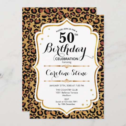 50. Geburtstag - Gold Leopard Print Einladung (Vorne/Hinten)