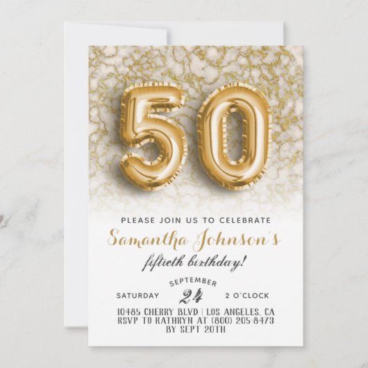 50. Geburtstag Gold Marmor Einladung (Vorderseite)