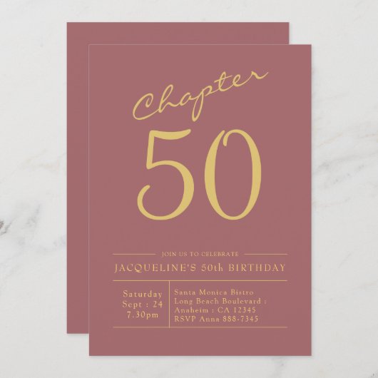 50. Geburtstag Gold Pink Einladung (Vorne/Hinten)