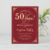 50. Geburtstag - Gold Red Damask Einladung (Stehend Vorderseite)