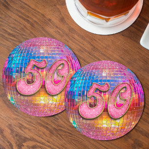 50. Geburtstag Gold Rosa Glitter Tanz Disco Kugel Runder Pappuntersetzer