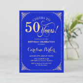 50. Geburtstag - Gold Royal Blue Damask Einladung (Stehend Vorderseite)